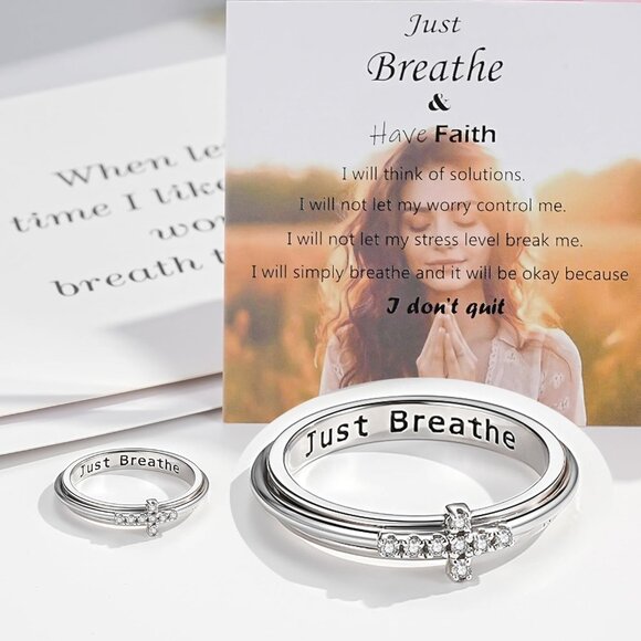 Cubic Zirconia Spinner Ring - Anxiety Relief Cross Design for Women, Sizes 5-10 - Picture 4 of 6